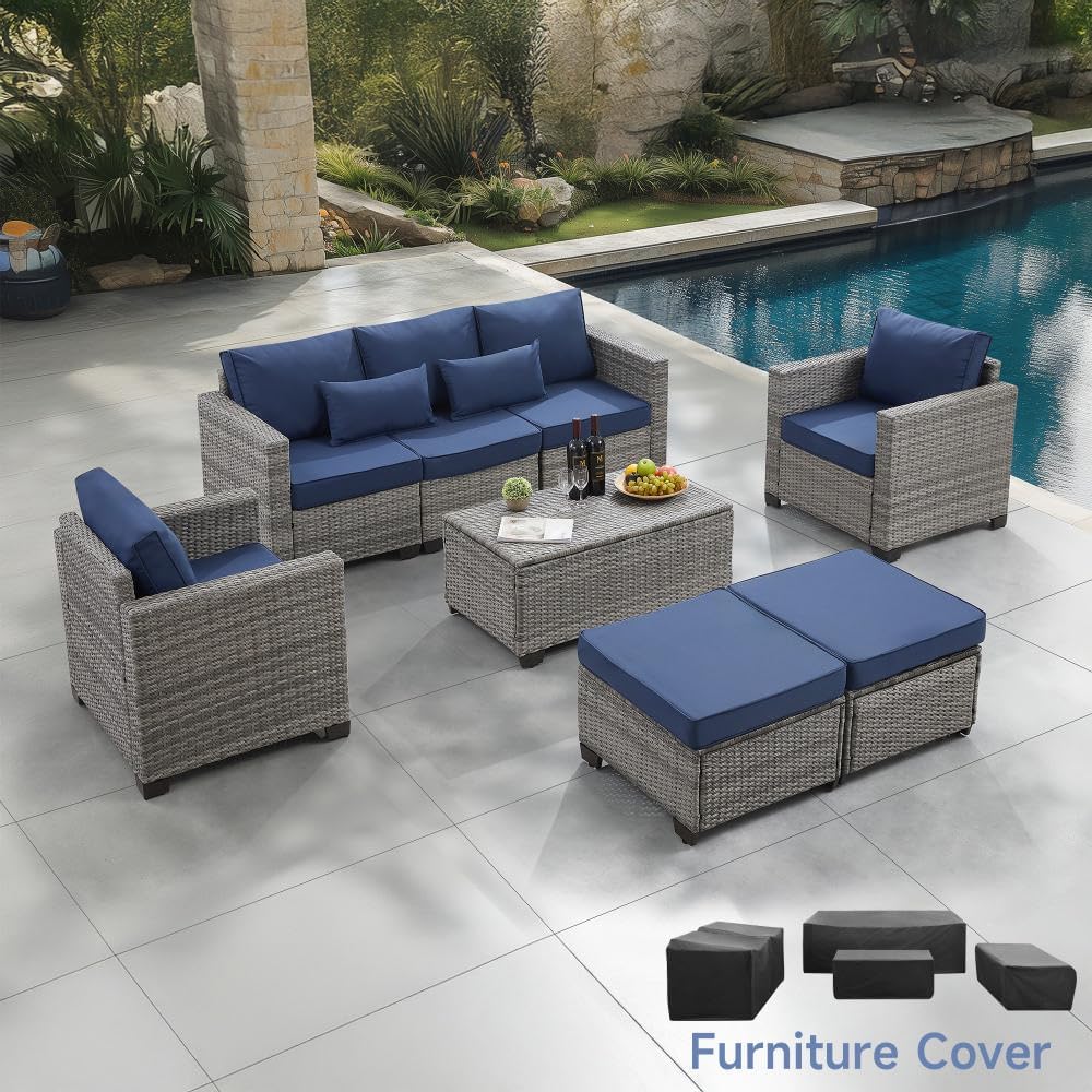 6 Pieces Outdoor Patio Furniture Sets with Furniture Cover, PE Rattan Wicker Patio Conversation Set with Tea Table (Peacock Blue, Rattan Storage Table)(Peacock Blue/Rattan Storage Table)