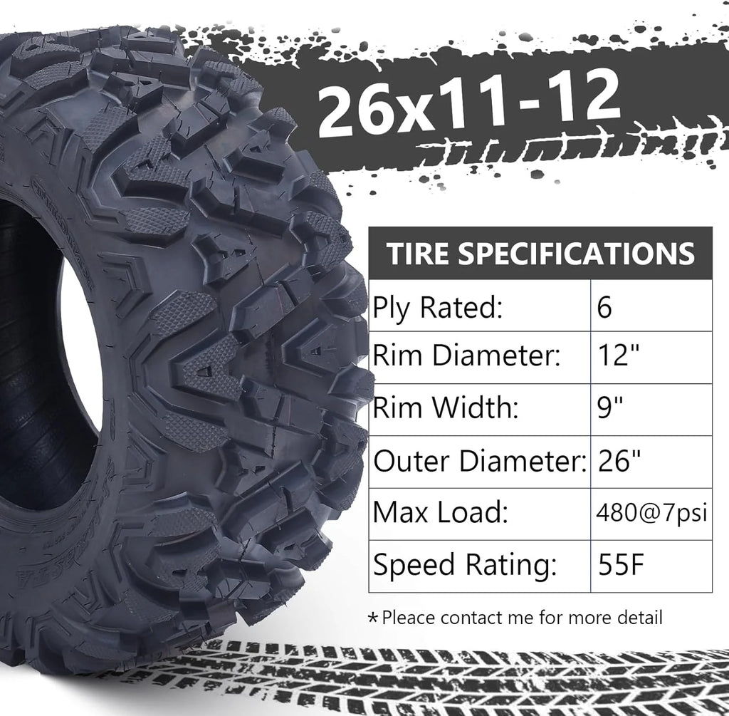 26x12x12 Atv Tires, Set of 2 Atv Tires 26x12-12 6PR, All Terrain Atv/Utv Off-Road Tires, Black(AT26x11-12-6PR)