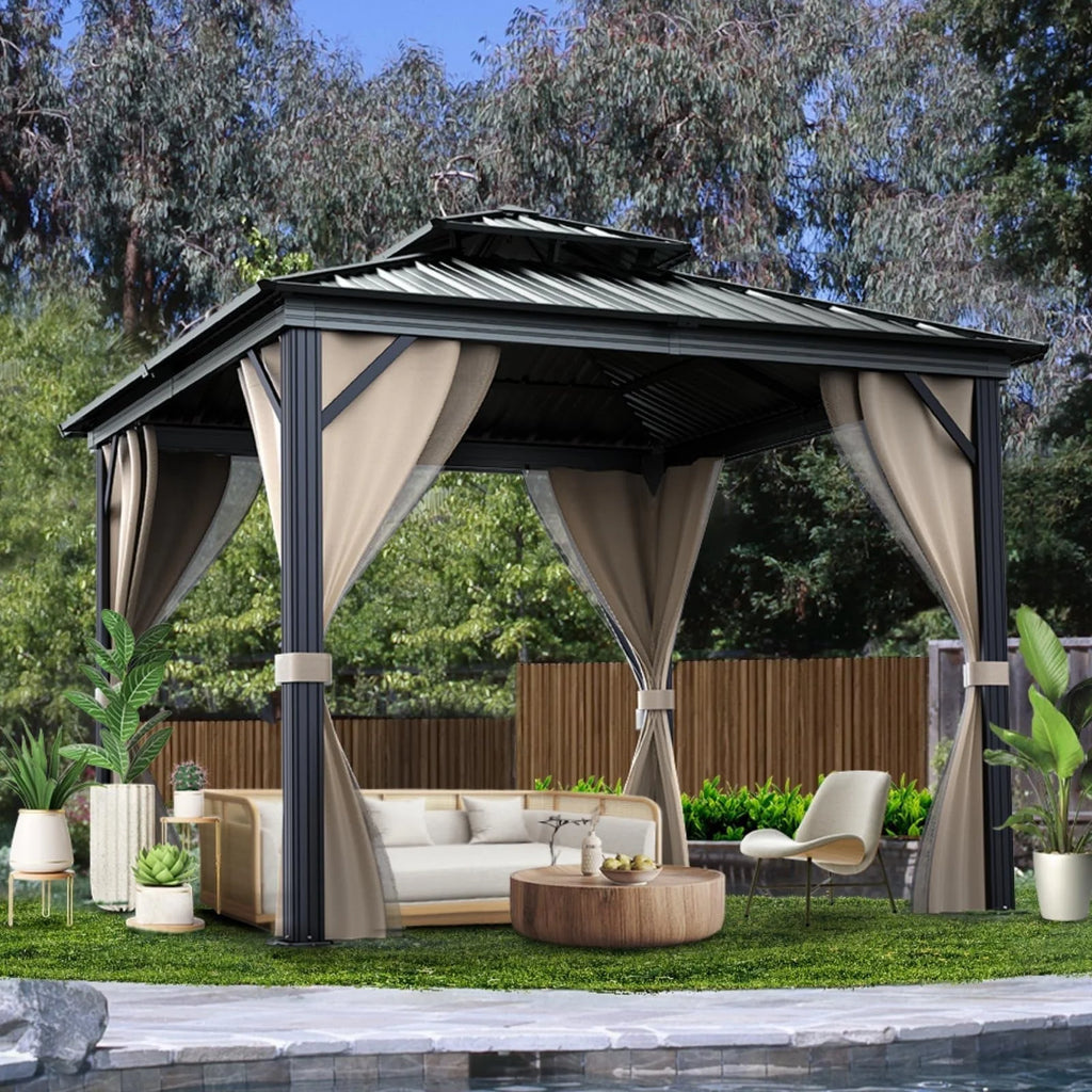 10’x10′ Hardtop Gazebo with double metal roof, aluminum frame, net, and curtain. All-weather, ideal for patio, deck, garden, backyard. Khaki.(Khaki/10x10FT)