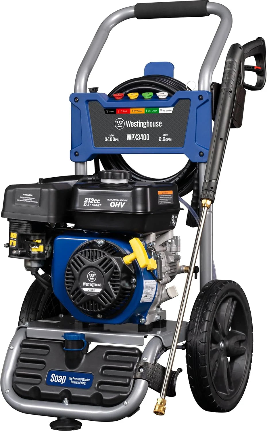 WPX3400 Gas Pressure Washer, 3400 PSI and 2.6 Max GPM, Onboard Soap Tank, Spray Gun and Wand, 5 Nozzle Set, for Cars/Fences/Driveways/Homes/Patios/Furniture(3400 Max PSI)