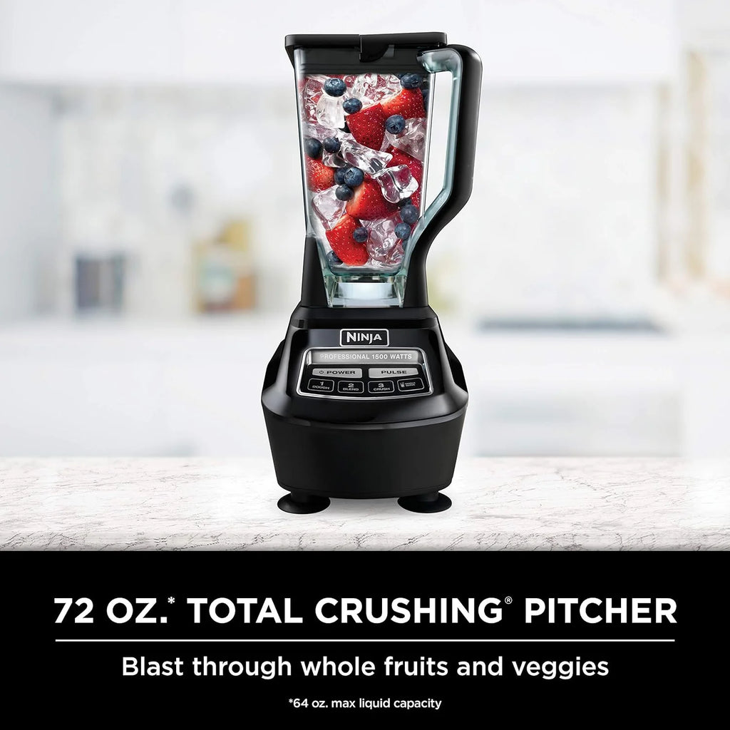 Mega Kitchen System, 1500W, 4 Functions for Smoothies, Processing, Dough, Drinks  More, with 72-oz.* Blender Pitcher, 64-oz. Processor Bowl, (2) 16-oz. To-Go Cups  (2) Lids, Black(Pitcher+Bowl+(2) 18-oz. Cups)