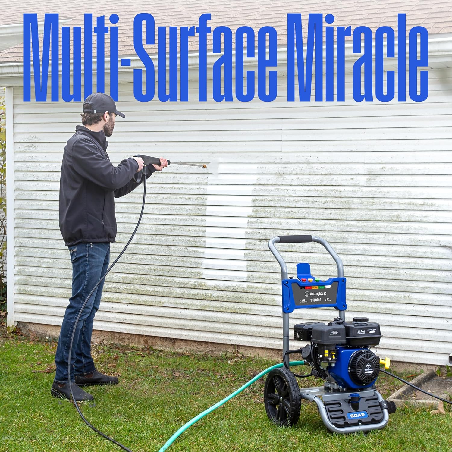 WPX3400 Gas Pressure Washer, 3400 PSI and 2.6 Max GPM, Onboard Soap Tank, Spray Gun and Wand, 5 Nozzle Set, for Cars/Fences/Driveways/Homes/Patios/Furniture(3400 Max PSI)