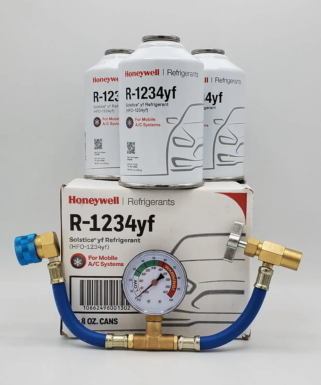 Genuine 8oz R1234YF Refrigerant (3 Freon Cans)  HD Brass Can Tap with Gauge-Honey Well