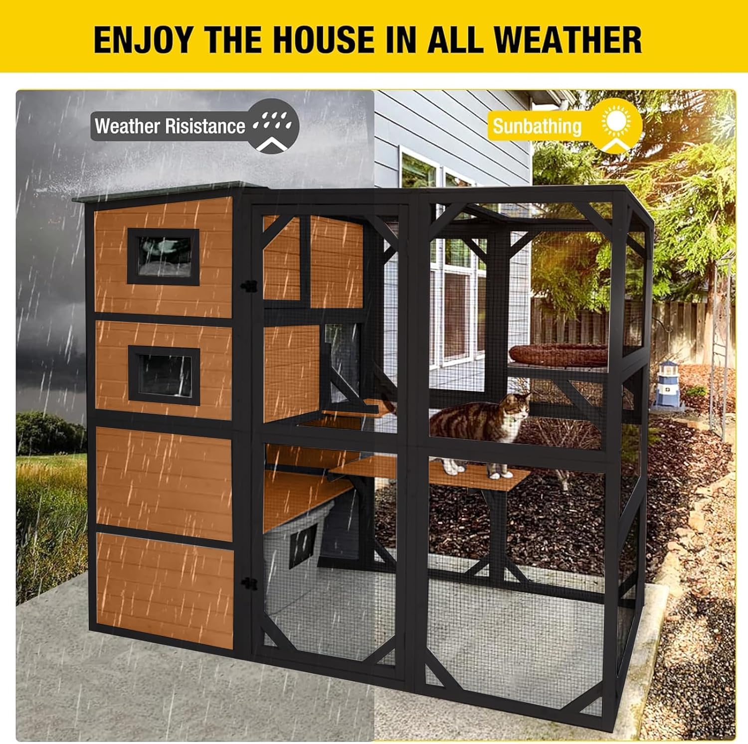 Aivituvin Large Cat Catio, 4 Tiers, Weatherproof Roof, 70"H x 77"L
