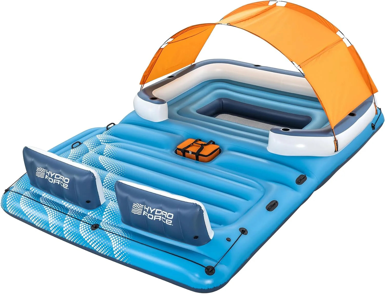 Tropical Breeze 6 Person Inflatable Party Island Large Relaxing Water Float with Detachable Sunshade and Cooler Bag(Blue/White)