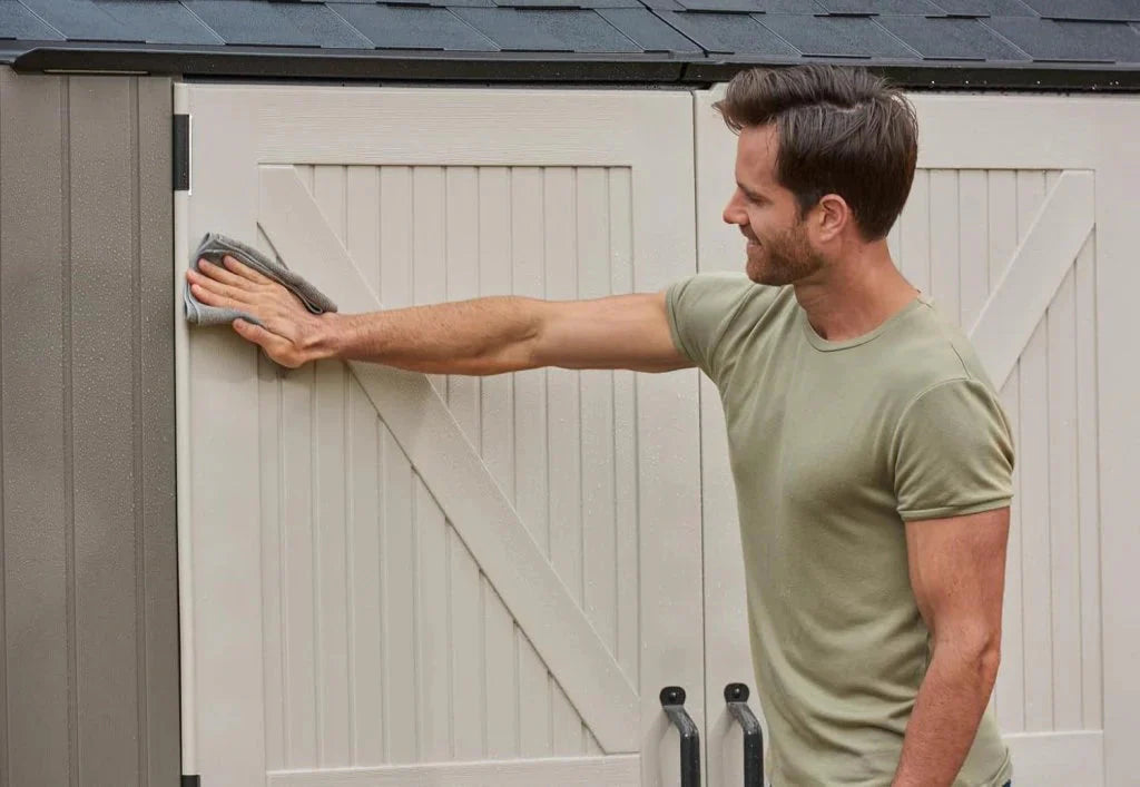 Rubbermaid Resin Outdoor Storage Shed With Floor (7 x 7 Ft) Weather Resistant Gray Organization for Home/Backyard/Garden Tools/Lawn Mower/Bike Storage/Pool Supplies(7'x7'/Gray)
