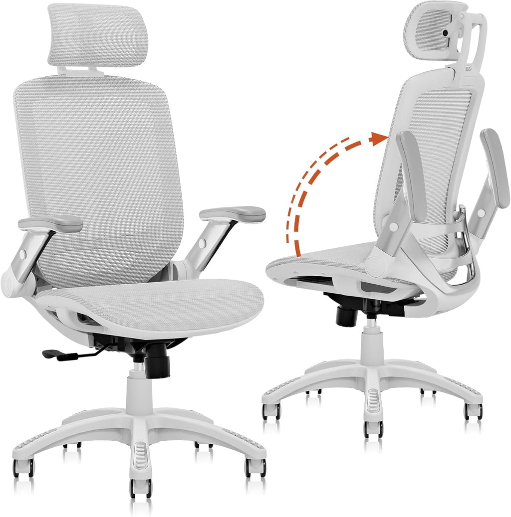 GABRYLLY Ergonomic Office Chair, High Back Home Desk Chair with Headrest, Flip-Up Arms, 90-120° Tilt Lock and Wide Cushion, Big and Tall Mesh Chairs for Man Woman, Black Task Chair(White Frame Orange Mesh)