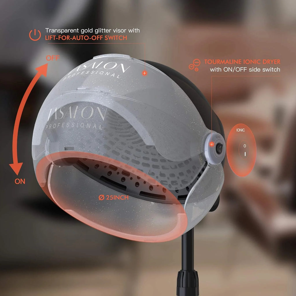 Hooded Dryer - 1875W Bonnet Hair Dryer - Sit Under Hair Dryer for Home and Salon - Auto Hair Dryer Hood with 3 temperature settings - Standing Hair Dryer - Portable Hair Dryer(Transparency)