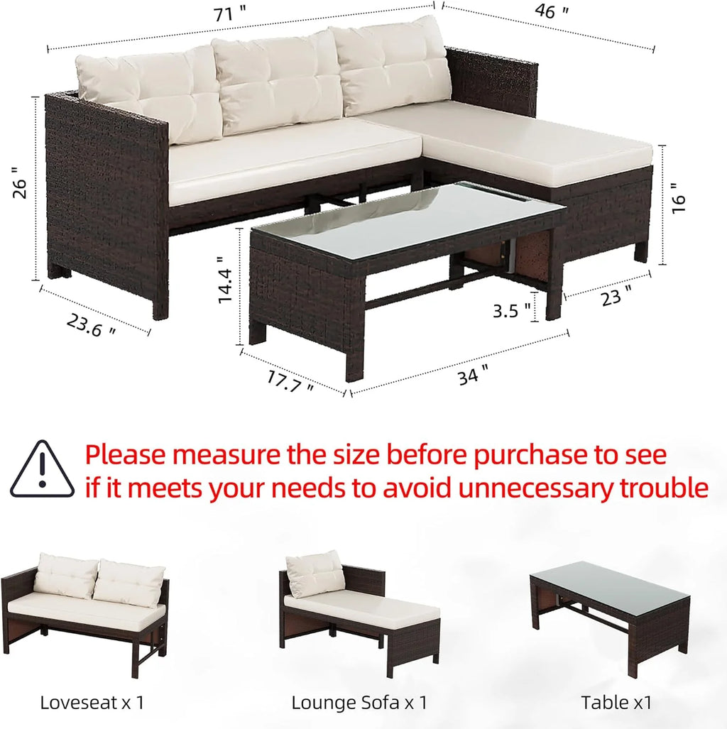 Outdoor Patio Furniture Sets, Wicker Patio sectional Sets 3-Piece, All Weather Wicker Rattan Patio Seating Sofas with Glass Coffee Table and Cushion (Beige)(Beige Cushion)