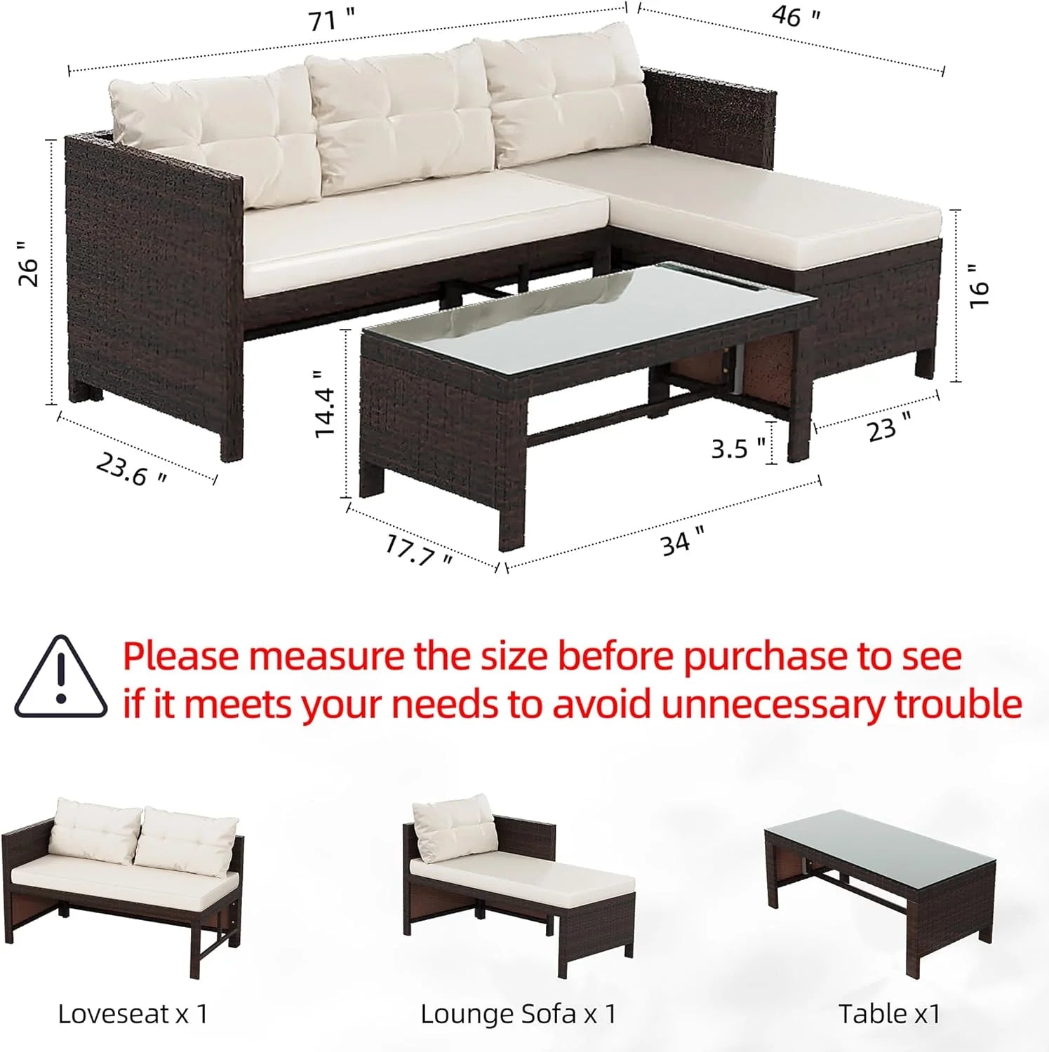 Outdoor Patio Furniture Sets, Wicker Patio sectional Sets 3-Piece, All Weather Wicker Rattan Patio Seating Sofas with Glass Coffee Table and Cushion (Beige)(Beige Cushion)