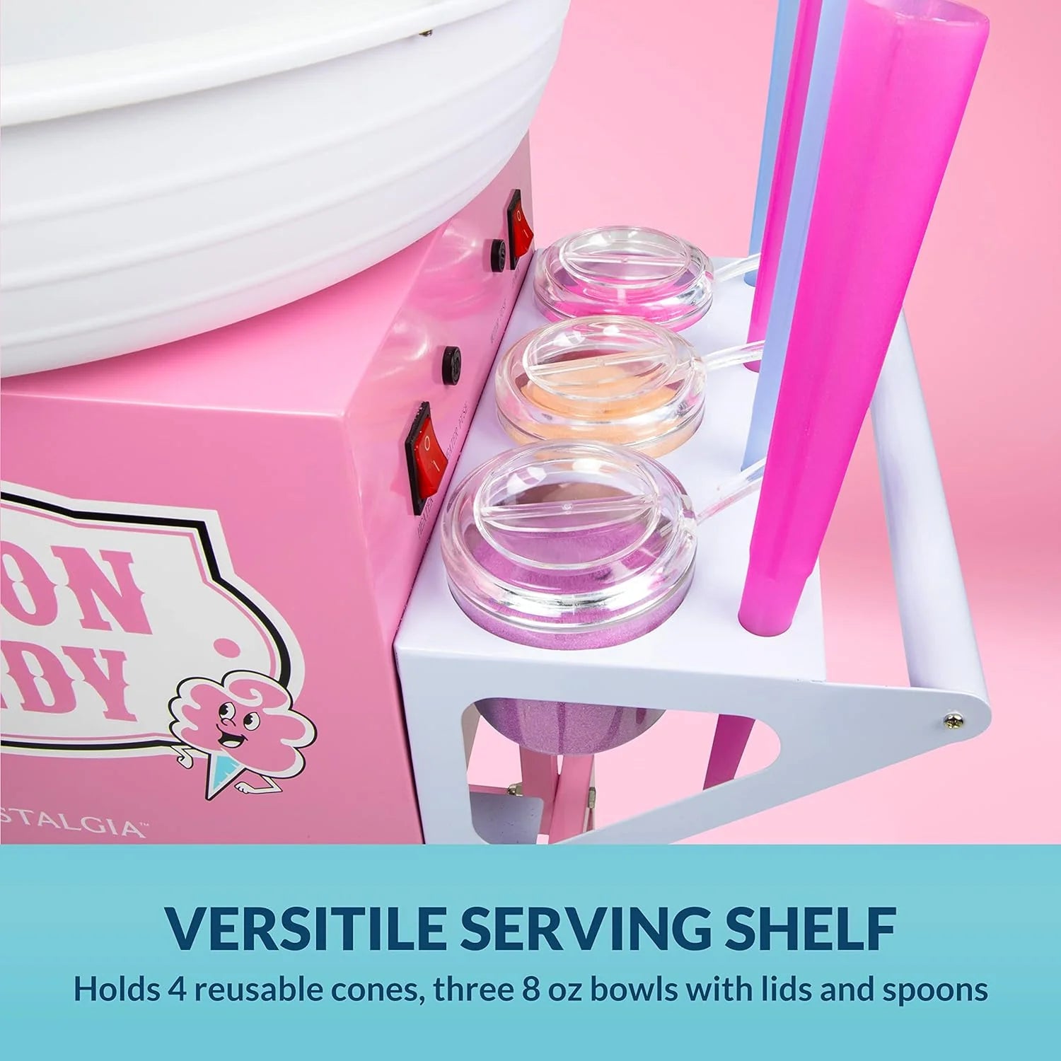 Nostalgia Professional Cotton Candy Cart, Vintage Candy Cart with Serving Shelf, 3 Bowls With Lids  Spoons, 13-in Rubber Wheels, Pull Handle, Includes 4 Reusable Cones  Wire Cleaning Brush, Pink(Pink)