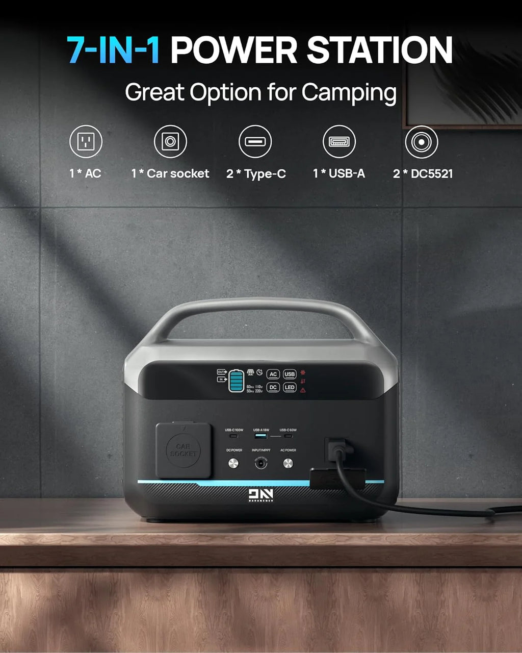Portable Power Station 56000mAh, 179.2Wh LiFePO4 Battery Backup w/ 2 300W (Peak 600W) AC Outlets, 1.5hrs Fast Charging, Power Bank for Hurricane Emergency/Outdoor Camping/RVs/Home Use(600W-576Wh)