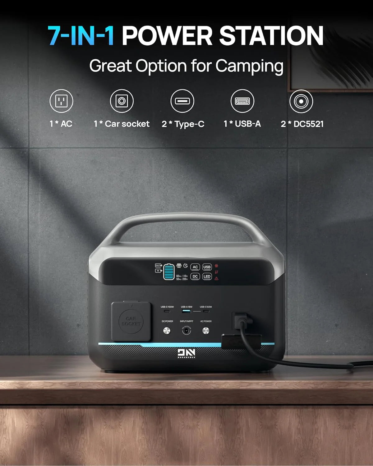 Portable Power Station 56000mAh, 179.2Wh LiFePO4 Battery Backup w/ 2 300W (Peak 600W) AC Outlets, 1.5hrs Fast Charging, Power Bank for Hurricane Emergency/Outdoor Camping/RVs/Home Use(600W-576Wh)