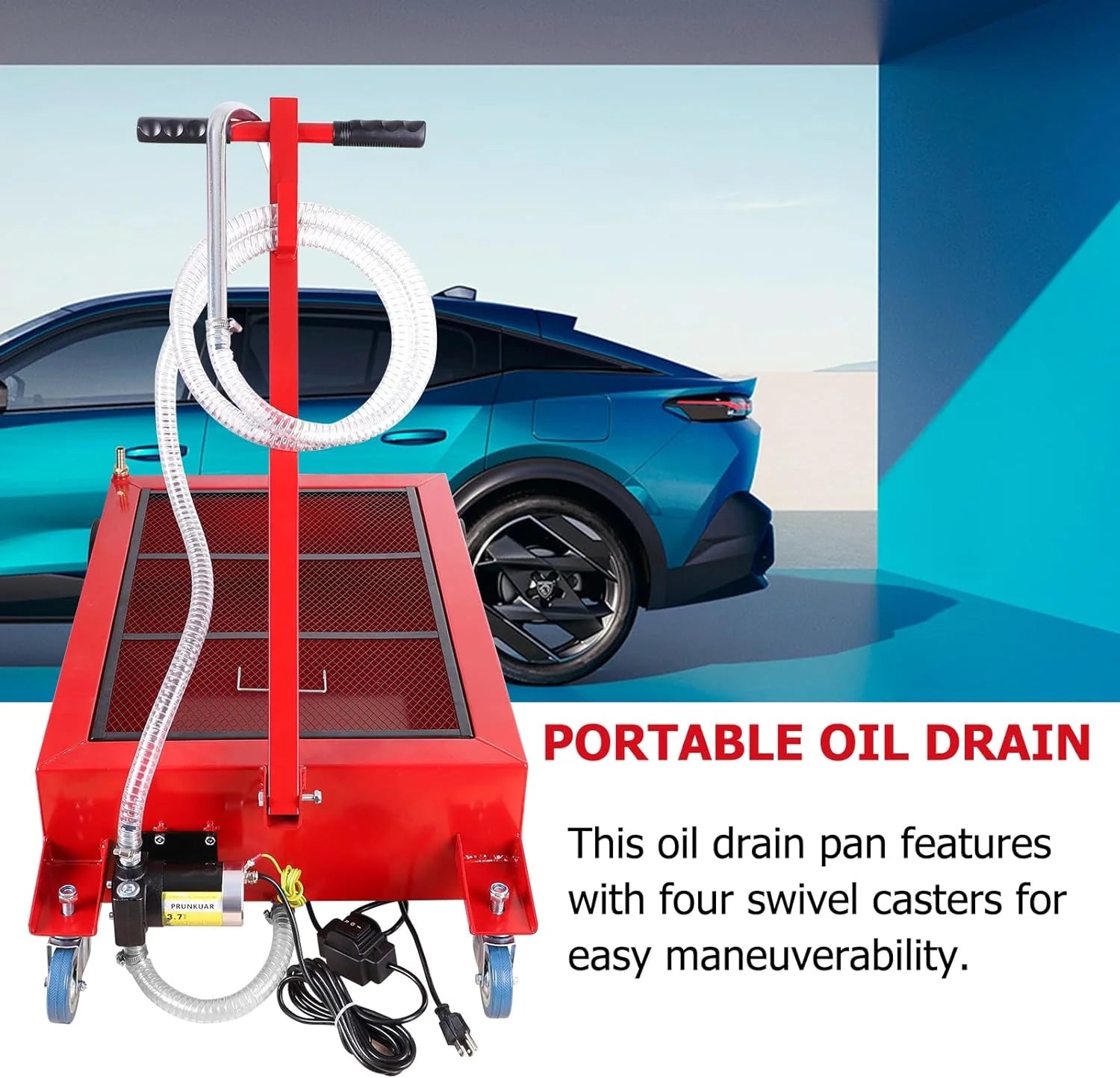20 Gallon Low Profile Roll Around Oil Drain Pan with 110V Electric Pump 8 Feet Hose for Trucks Cars SUVS Red(17 Gallon 110V Electric Pump/Red)