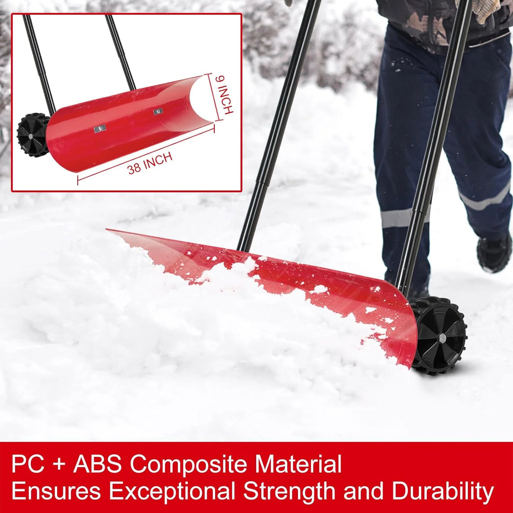 38 Inch Snow Shovel for Driveway,Bi-Direction Heavy Duty Snow Pusher with Wheels and Angled Blade for Efficient Snow Removal, Back Saver Snow Plow for Dorway Sidewalk - Big Wheels