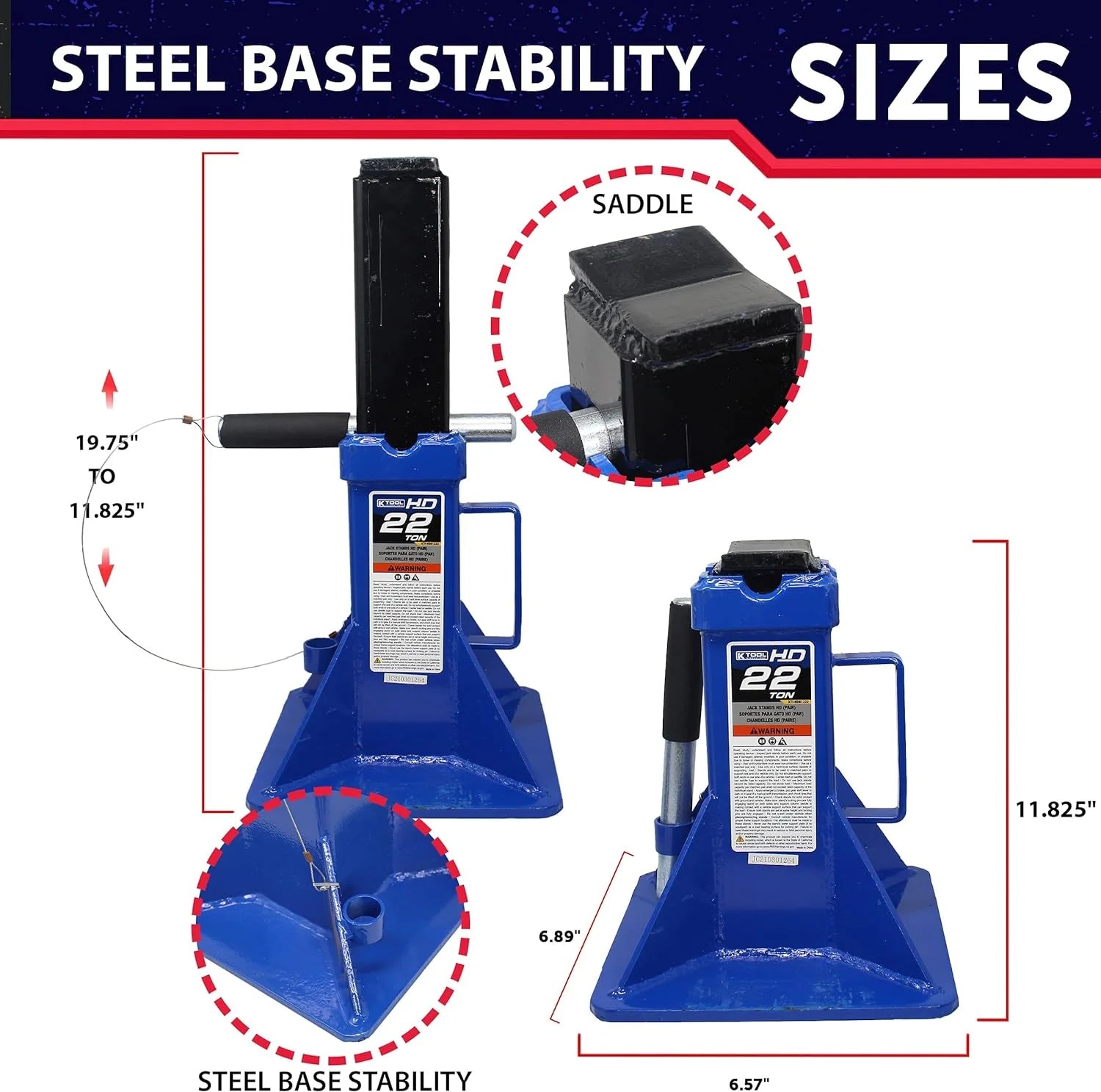 HD61222 22 Ton Automotive Jack Stands for Garages, Repair Shops, and DIY, Pin Style, V Shaped Saddle, Heavy Duty Steel Frame, Adjustable Height 11.825"- 19.725", Black/Blue, Pair(12 Ton)
