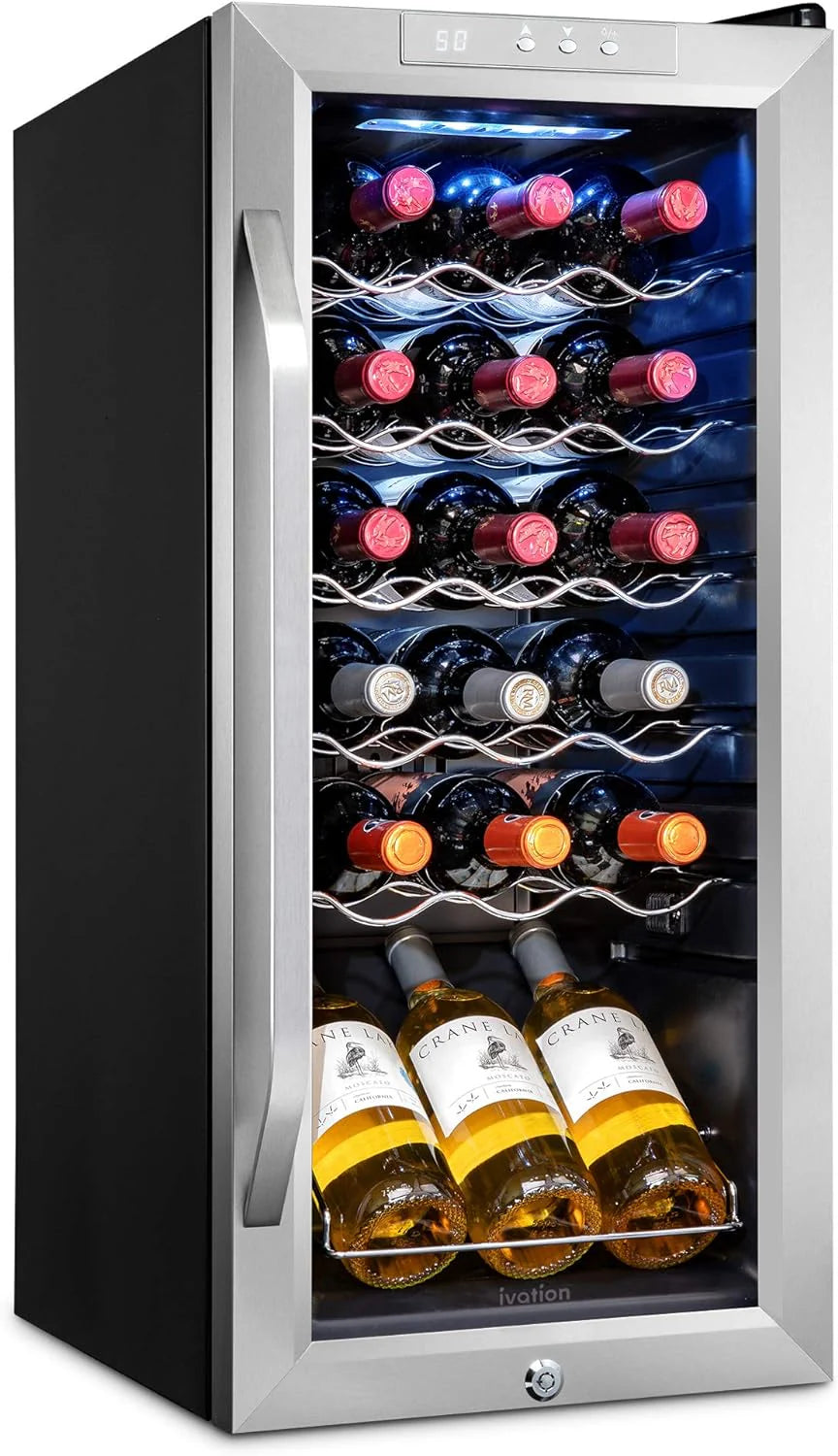 18 Bottle Compressor Wine Cooler Refrigerator w/Lock, Large Freestanding Wine Cellar For Red, White, Champagne or Sparkling Wine, 41f-64f Digital Temperature Control Fridge Glass Door Black(Stainless Steel)