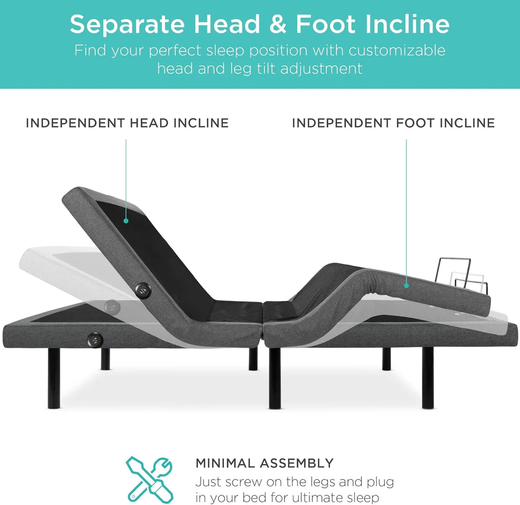Best Choice Products Ergonomic Twin XL Size Adjustable Bed Frame, Electric Base w/Wireless Remote Control, Nightlight, Massager, 2 USB Ports(Split King)