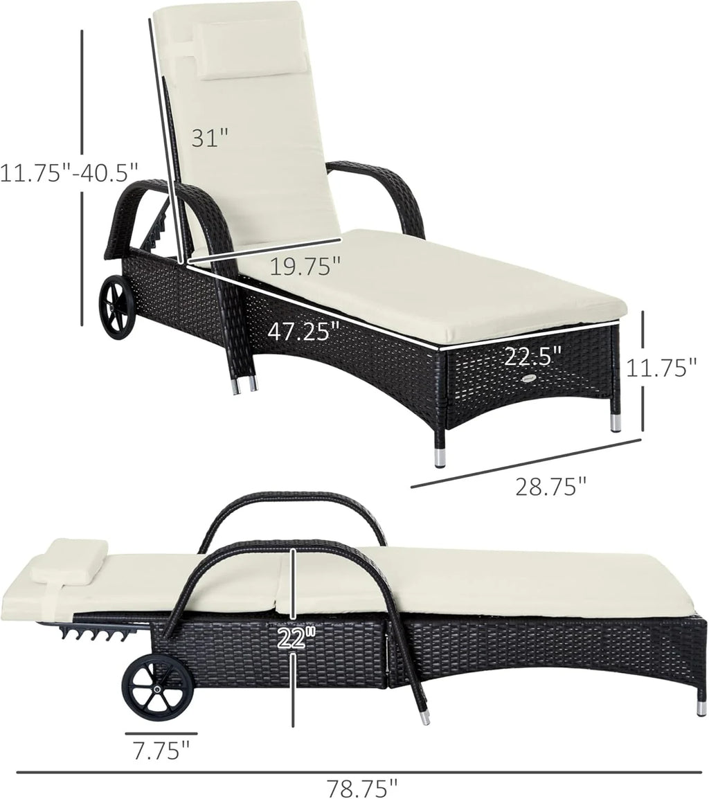 Wicker Outdoor Chaise Lounge, 5-Level Adjustable Backrest PE Rattan Pool Lounge Chair with Wheels, Cushion  Headrest, Brown and Dark Blue(Mixed Brown and Cream White/2 PCs)