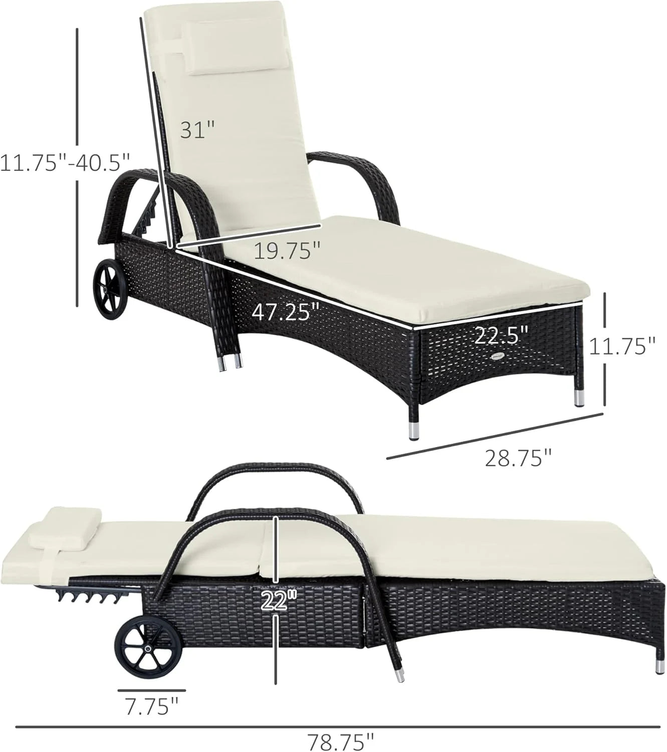 Wicker Outdoor Chaise Lounge, 5-Level Adjustable Backrest PE Rattan Pool Lounge Chair with Wheels, Cushion  Headrest, Brown and Dark Blue(Mixed Brown and Cream White/2 PCs)