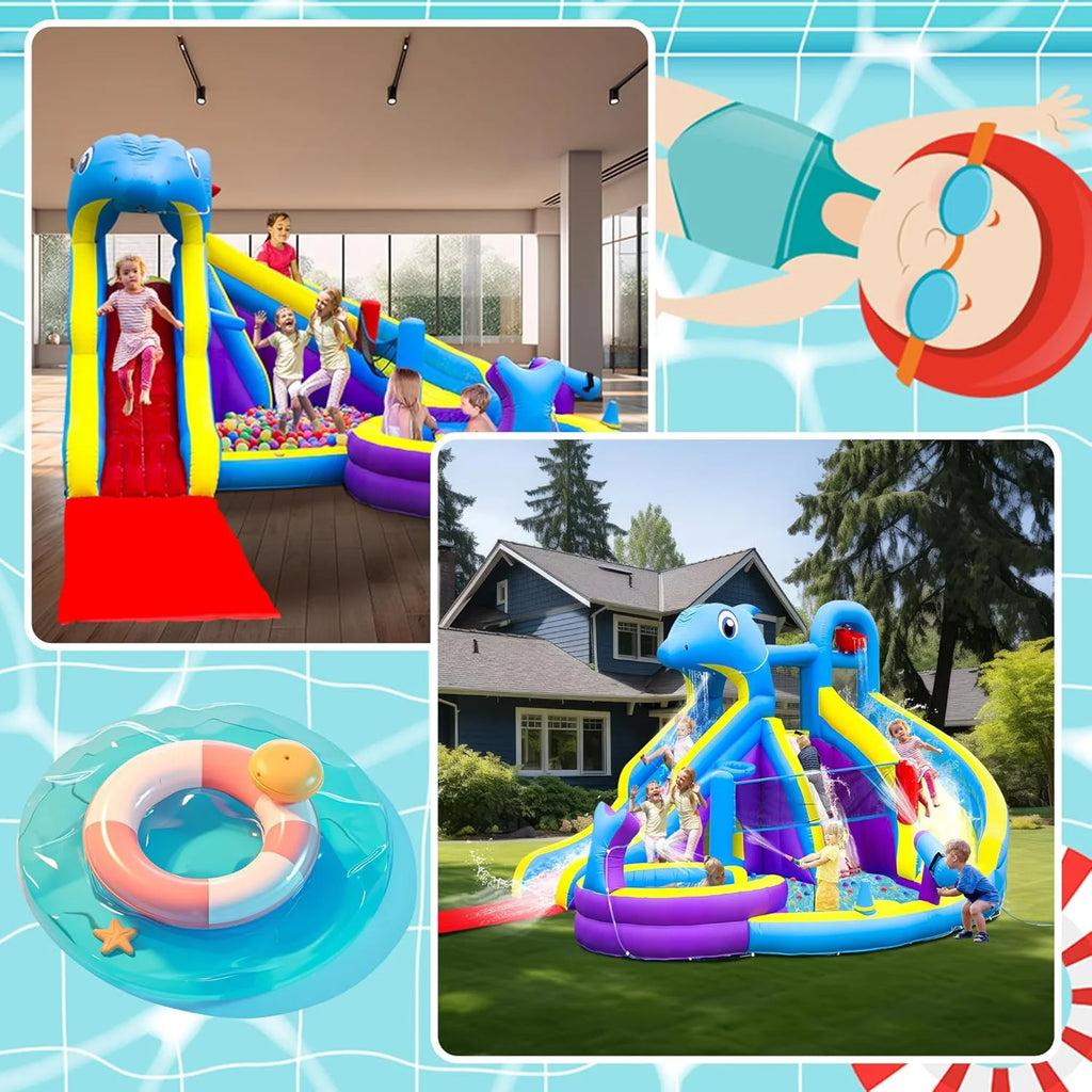 11-in-1 Inflatable Water Slide  Dolphin Bounce House w/2 Long Slides, 19.7 Ft x 13.1 Ft Extra Large Waterslide Climbing Wall w/Small Deeper Pool,Water Cannons,Hoop for Kids Backyard,550W Blower