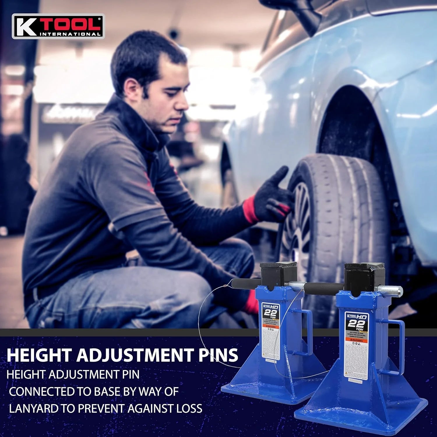 HD61222 22 Ton Automotive Jack Stands for Garages, Repair Shops, and DIY, Pin Style, V Shaped Saddle, Heavy Duty Steel Frame, Adjustable Height 11.825"- 19.725", Black/Blue, Pair(12 Ton)