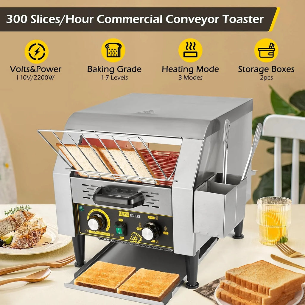 Toaster 450 Slices/Hour Stainless Steel Restaurant Toaster Conveyor with Storage Boxes 2600W Heavy Duty Industrial Conveyor Toasters Bagel Toaster Conveyor Belt Toasters(300 PCS/H)