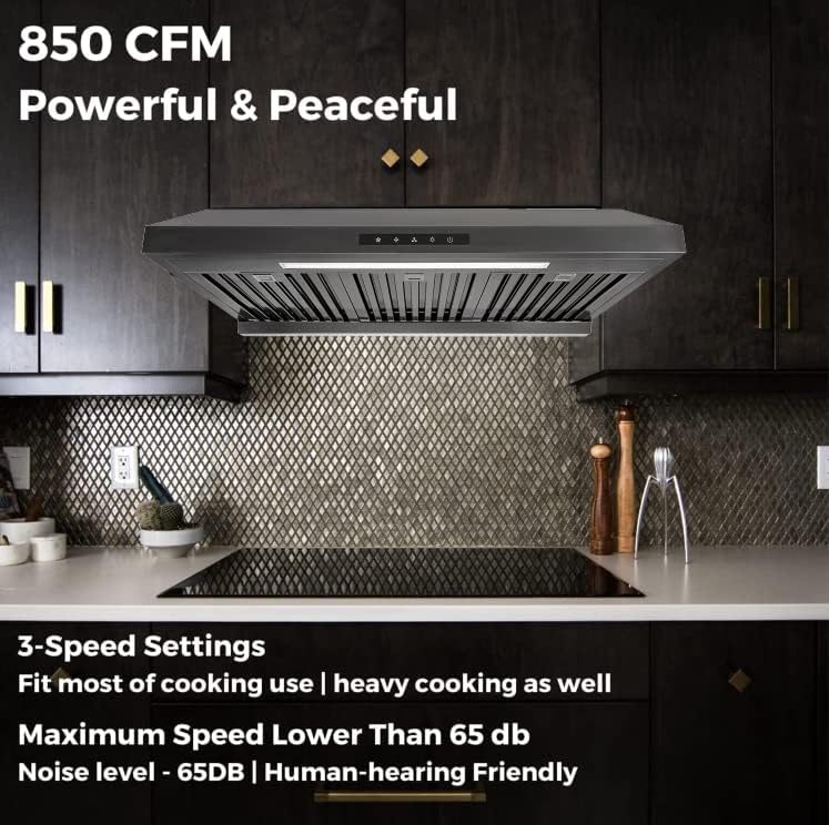 Powerful 30 Inch Under Cabinet Range Hood With Seamless Stainless Steel Body, Twin Turbo Motors, 3 Speed Touch Screen, Round Vent, Baffle Filters, LED Lights, Oil Collector(850 CFM)