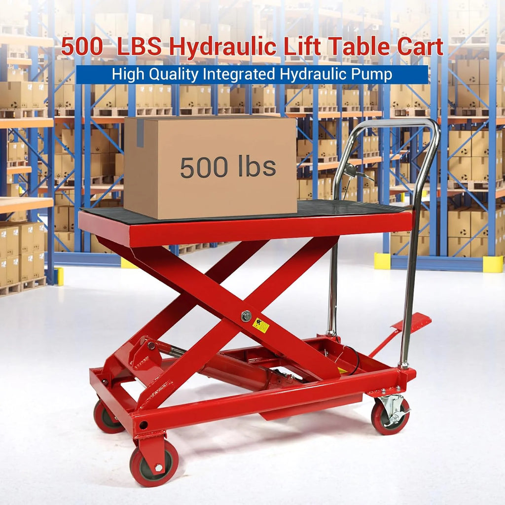 500LBS Hydraulic Lift Table Cart, 30" Lifting Height., Double Scissor Lift Table with 4 Wheels and Non-Slip Pad, Hydraulic Scissor Lift Table for Material Handling and Transportation(660 Pounds)