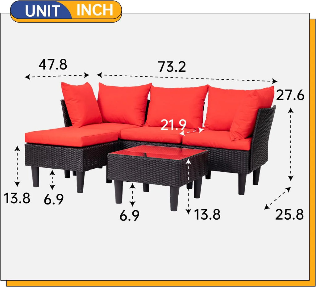 FDW Patio Furniture Set 4 Pieces Outdoor Rattan Chair Wicker Sofa Garden Conversation Bistro Sets for Yard,Pool or Backyard(Red)