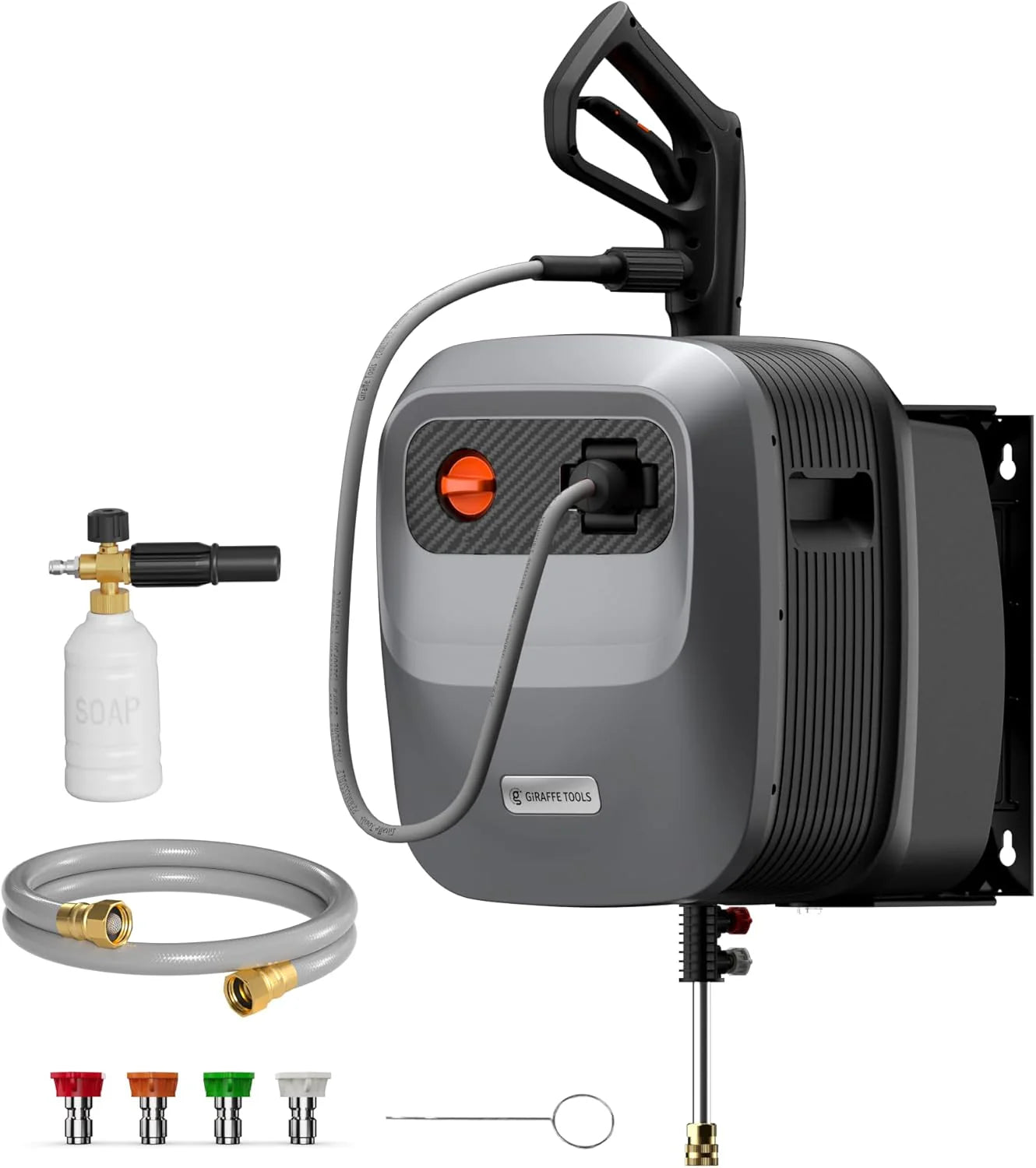 Pressure Washer G20 Pro, 2500 PSI 2.2 GPM, 180° Wall Mounted Power Washer, Auto-retract with 65FT Hose Reel, 5 Nozzles for Floor/Cars/Fences/Patios, Dark Silver(G20 Pro 65ft Ultra-soft Pressure Hose/Light Silver)