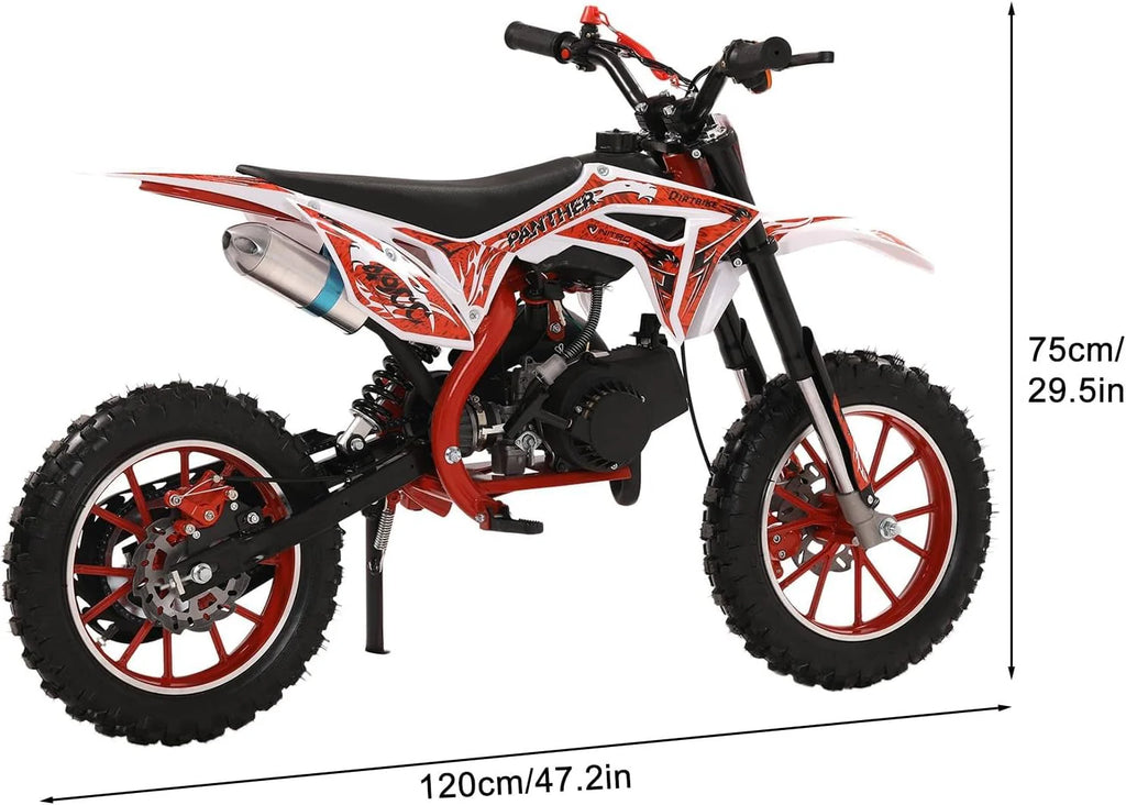 49cc Kids Dirt Bike, Gas Powered 2-Stroke Mini Motocross Motorcycle, Off-Road Dirtbike for Kids 8-14 with Front/Rear Disc Brakes, Shock Absorption, Soft Seat Cushion(Red-a)