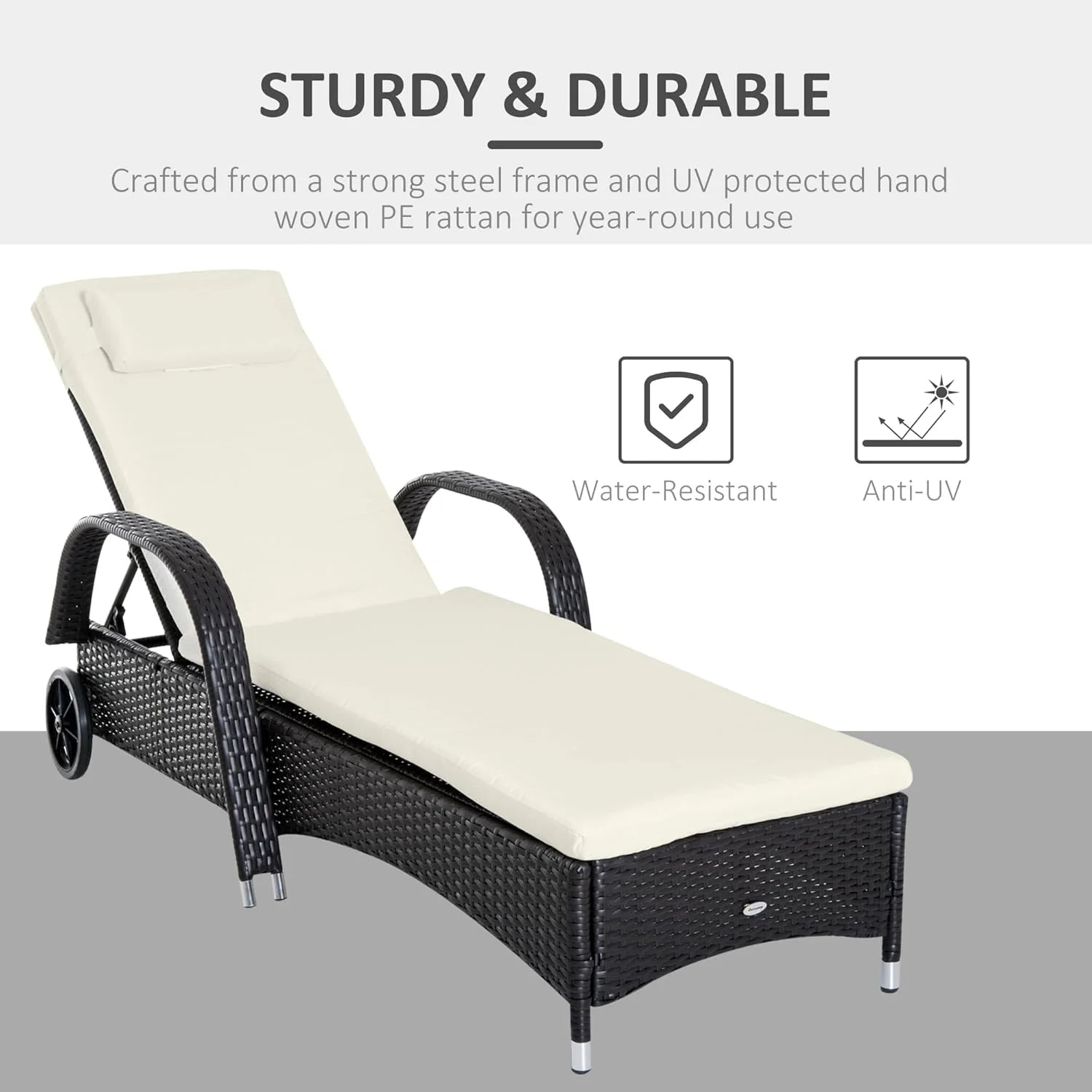 Wicker Outdoor Chaise Lounge, 5-Level Adjustable Backrest PE Rattan Pool Lounge Chair with Wheels, Cushion  Headrest, Brown and Dark Blue(Mixed Brown and Cream White/2 PCs)