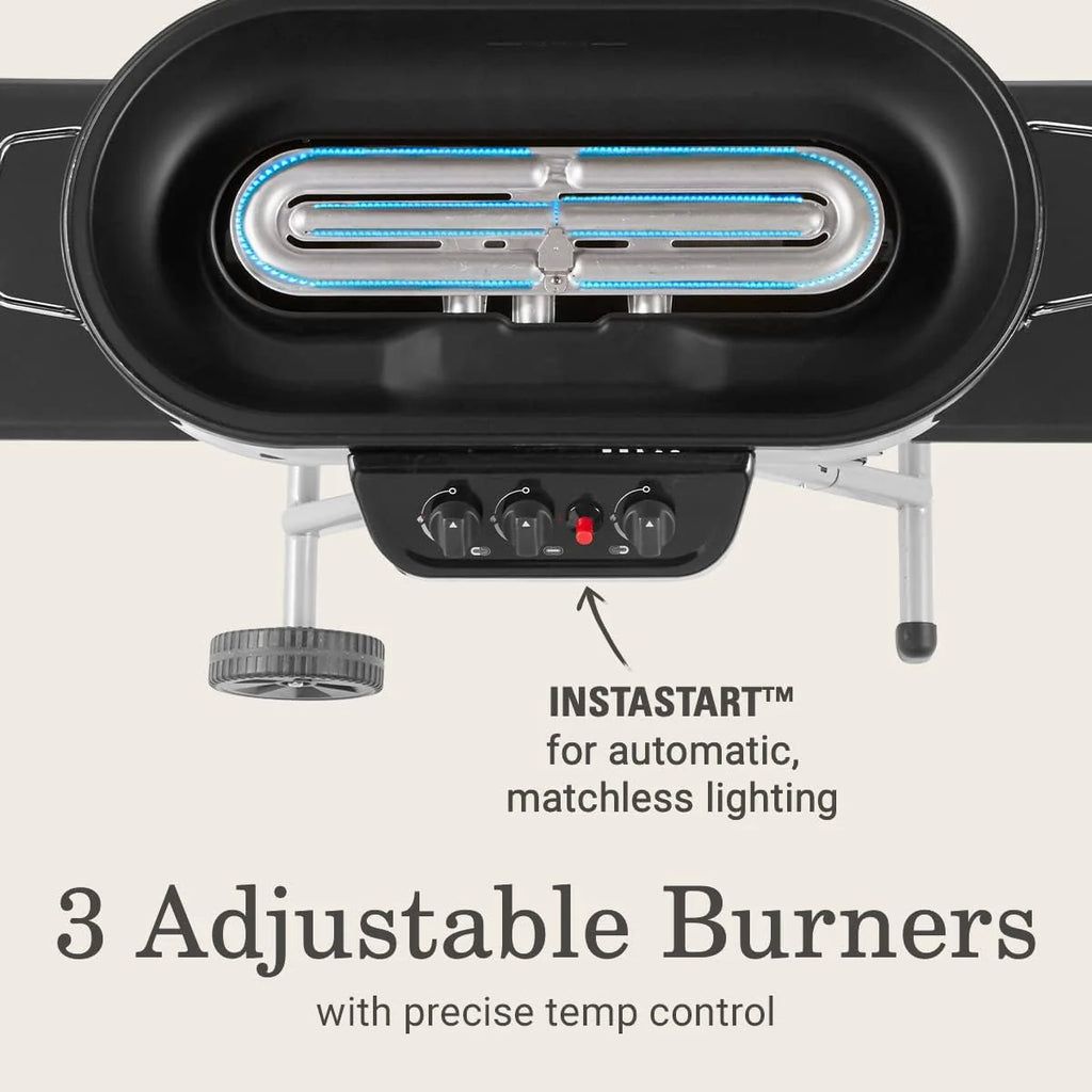 RoadTrip Portable Stand-Up Propane Grill with 3 Adjustable Burners  Instastart Ignition, 20,000 BTUs of Power for Outdoor Cooking(Red)