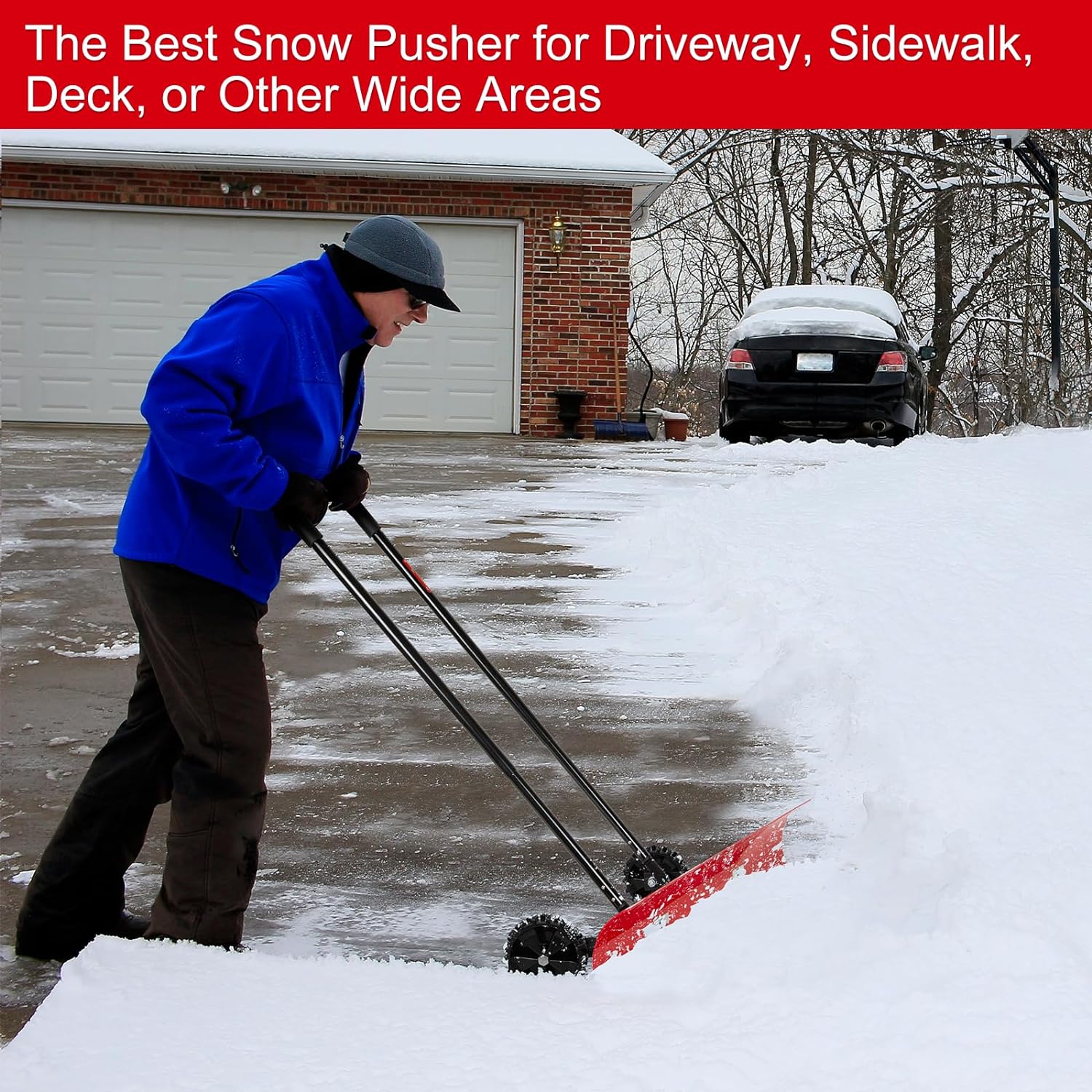 38 Inch Snow Shovel for Driveway,Bi-Direction Heavy Duty Snow Pusher with Wheels and Angled Blade for Efficient Snow Removal, Back Saver Snow Plow for Dorway Sidewalk - Big Wheels