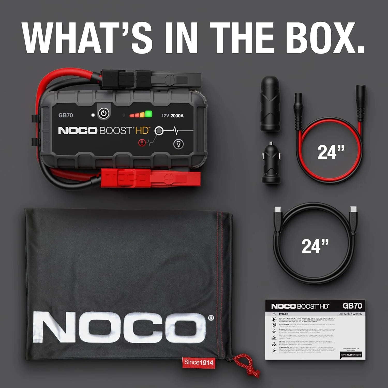 HD GB70 2000A UltraSafe Car Battery Jump Starter, 12V Battery Booster Pack, Jump Box, Portable Charger and Jumper Cables for 8.0L Gasoline and 6.0L Diesel Engines