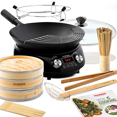 Nuwave Mosaic Induction Wok, Precise Temp Controls from 100u00b0F to 575u00b0F in 5u00b0F, Wok Hei, Infuse Complex Charred Aroma  Flavor, 3 Watts 600, 900  1500, Authentic 14-inch Carbon Steel Wok Included(Black Induction Wok Fry Pan/DeluxeWokCookingKit)