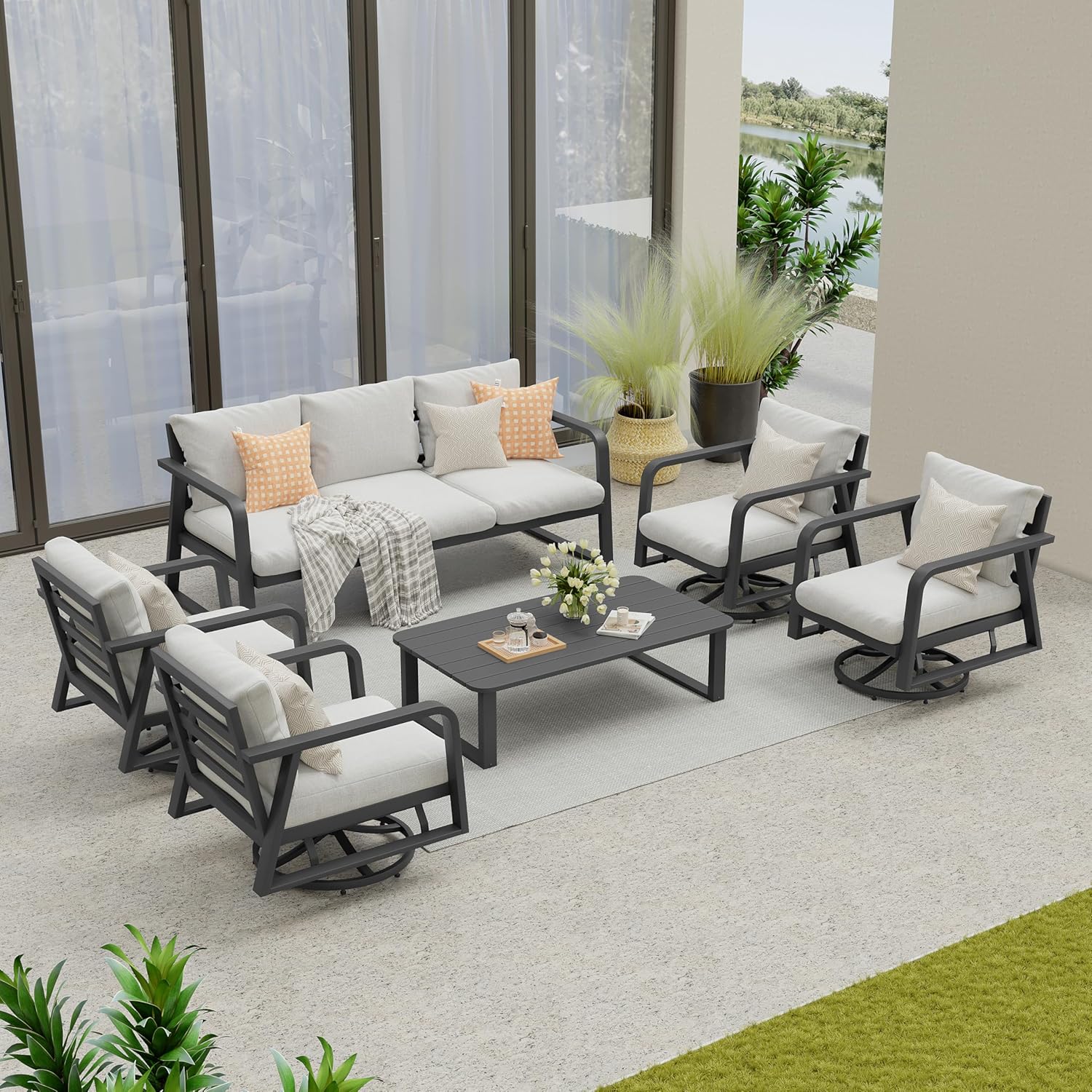 Outdoor Patio Furniture Set 4-Piece, Aluminum Swivel Rocking Chairs with All-Weather Cushions, Modern Patio Conversation Set for Deck, Porch, Garden (Dark Grey)(8Pcs Set/Rocking/Swivel Chairs)
