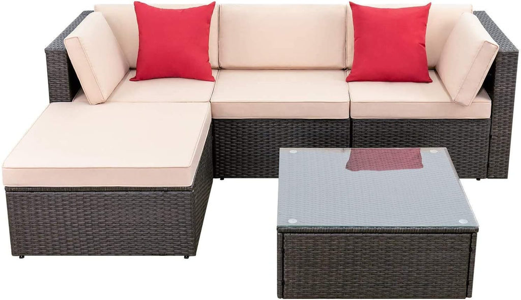 Devoko 5 Pieces Patio Furniture Sets All Weather Outdoor Sectional Patio Sofa Manual Weaving Wicker Rattan Patio Seating Sofas with Cushion and Glass Table(Beige)(Blue/5 Pieces set)