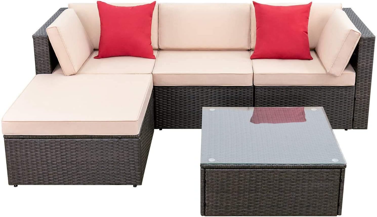 Devoko 5 Pieces Patio Furniture Sets All Weather Outdoor Sectional Patio Sofa Manual Weaving Wicker Rattan Patio Seating Sofas with Cushion and Glass Table(Beige)(Blue/5 Pieces set)