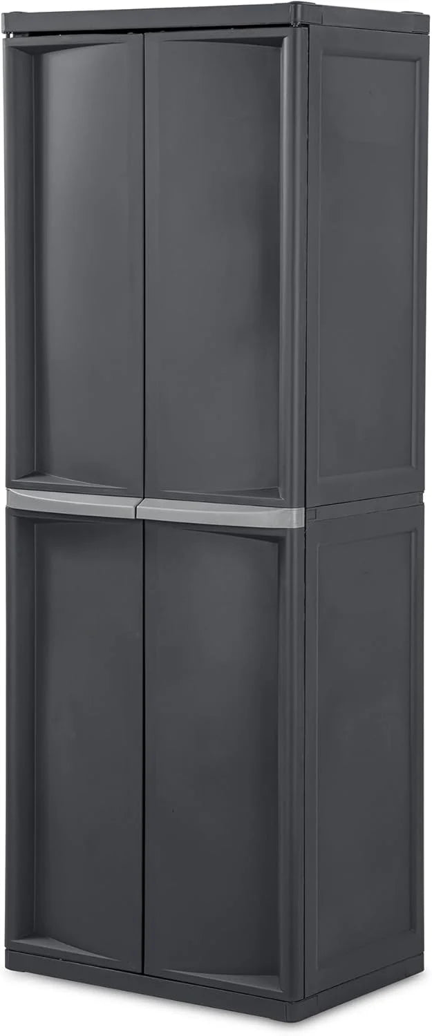 Storage Cabinet, Rugged Plastic Garage Organizer with Double Doors, 4 Adjustable Shelves, Gray(One Size/2 Pack)