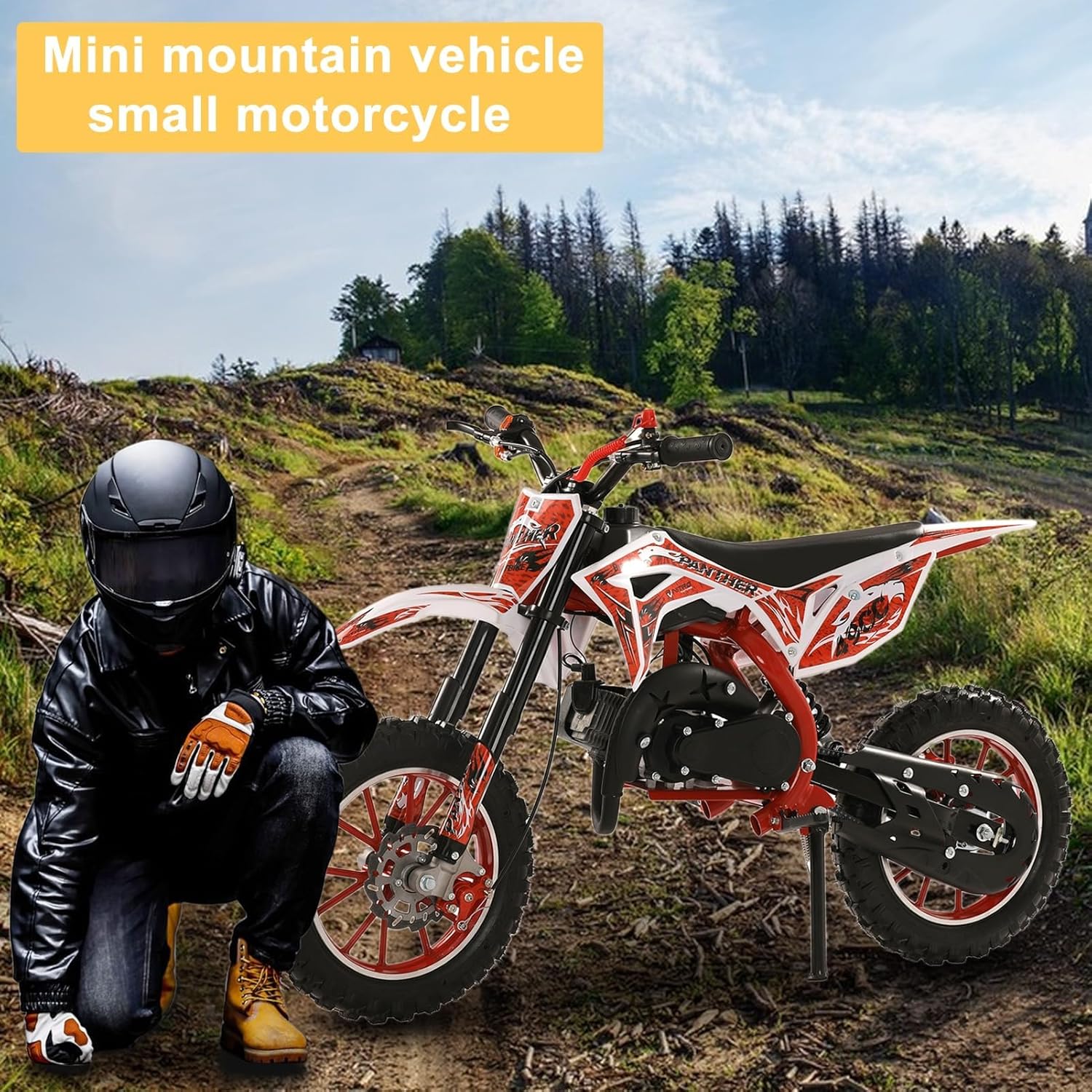 49cc Kids Dirt Bike, Gas Powered 2-Stroke Mini Motocross Motorcycle, Off-Road Dirtbike for Kids 8-14 with Front/Rear Disc Brakes, Shock Absorption, Soft Seat Cushion(Red-a)