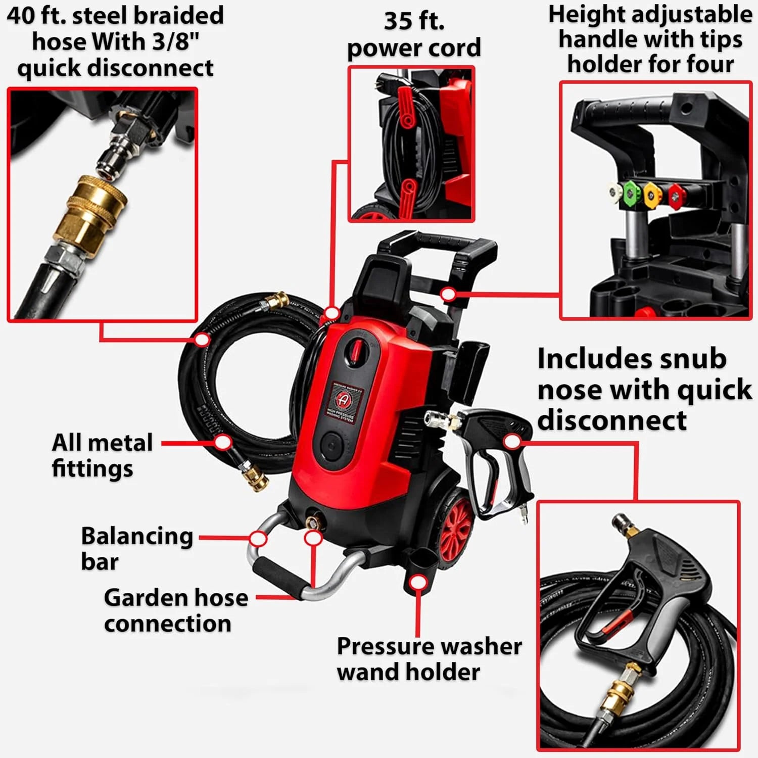 Electric Pressure Washer 2.0, Powerful 1.4 GPM 2000 PSI Car Pressure Washer Sprayer, Snub Nose  Tip Attachment, Use,Car Soap, Patio Boat RV Motorcycle Car Garage Deck Adam's Polishes(Compact)