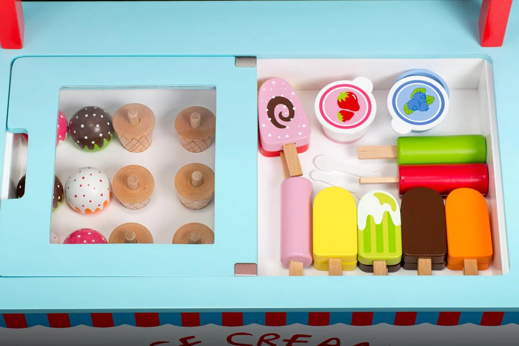 Premium Wood 33+ Pc Realistic Wooden Toy Set w Money Box, Chalkboard, 30+ Icecream Truck Accessories- Popsicles, Cones  Unique Flavors, Girls Boys Role Play