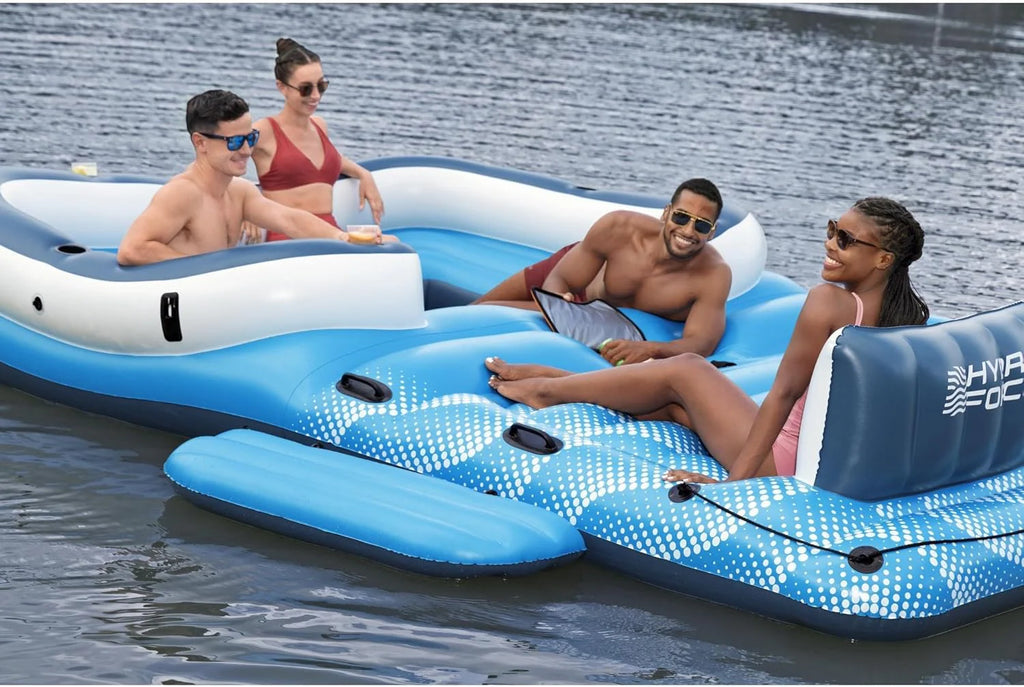 Tropical Breeze 6 Person Inflatable Party Island Large Relaxing Water Float with Detachable Sunshade and Cooler Bag(Blue/White)