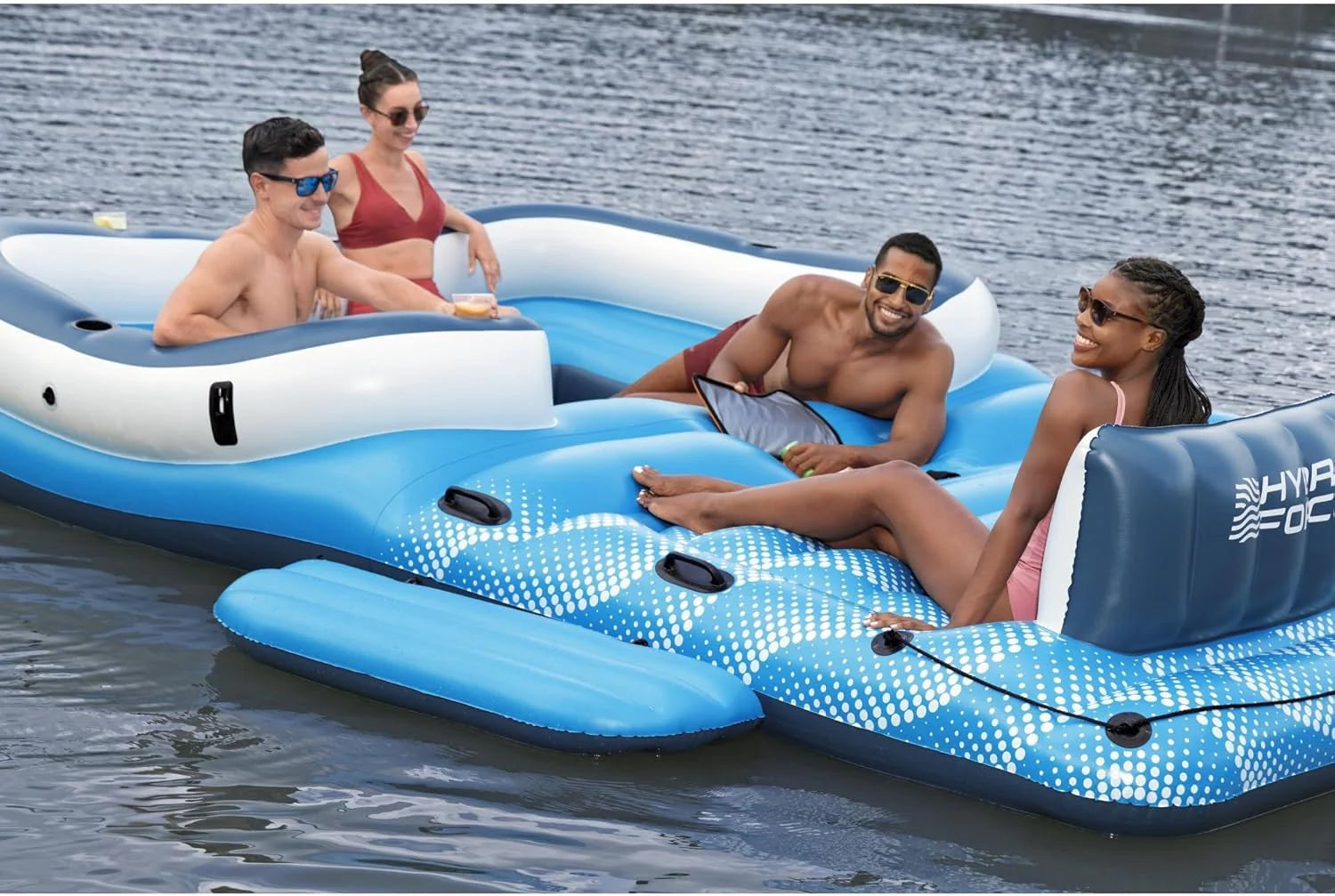 Tropical Breeze 6 Person Inflatable Party Island Large Relaxing Water Float with Detachable Sunshade and Cooler Bag(Blue/White)