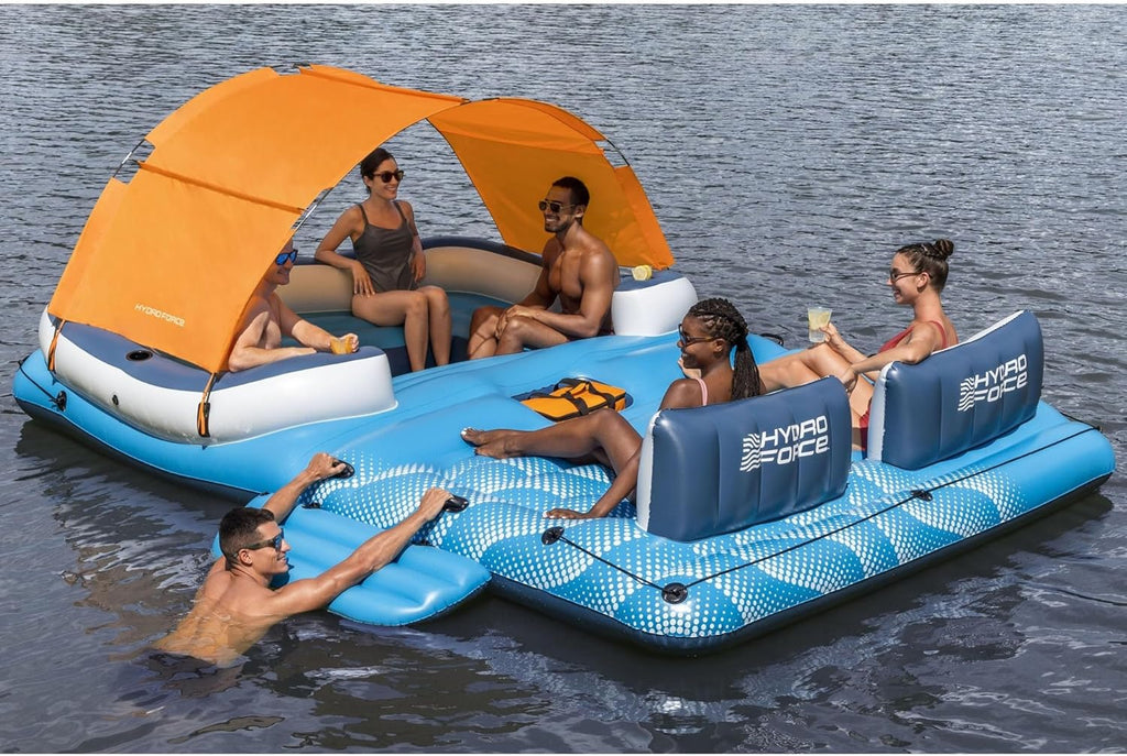 Tropical Breeze 6 Person Inflatable Party Island Large Relaxing Water Float with Detachable Sunshade and Cooler Bag(Blue/White)