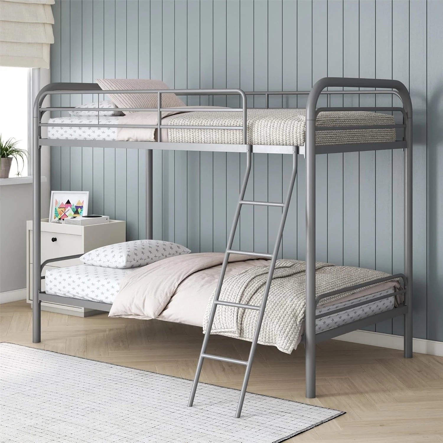 DHP Dusty Twin Over Full Metal Bunk Bed, Off White(Twin/Twin/Silver)