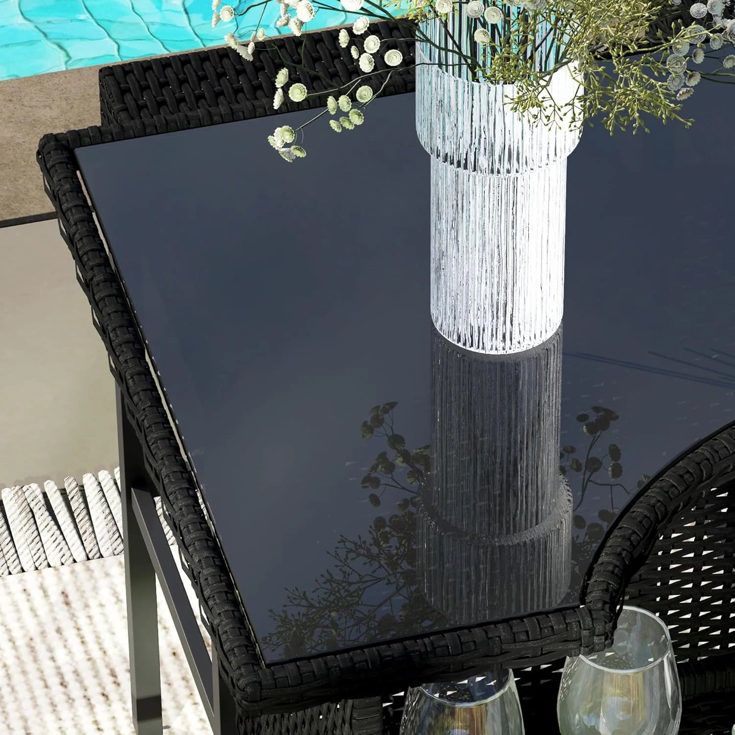 5-Piece Gray PE Rattan Outdoor Bar Set with Glass Table  4 Stools(Dark Brown)