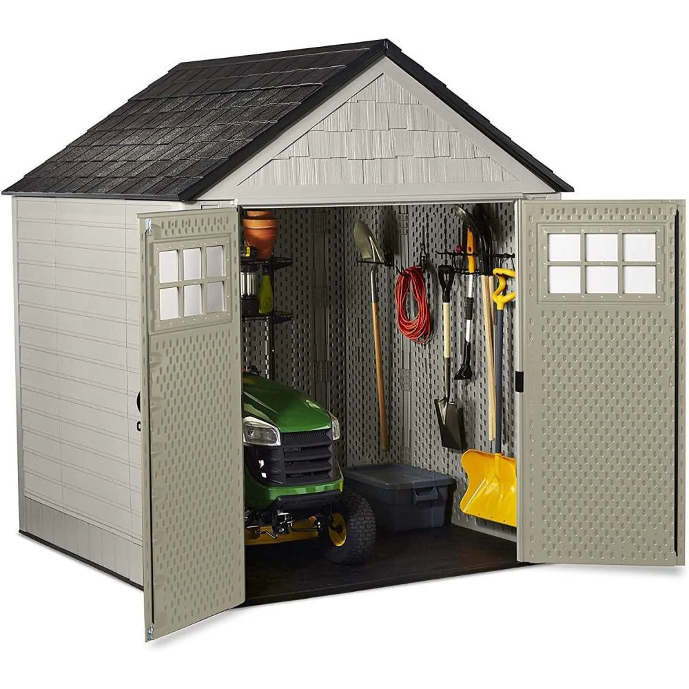 Rubbermaid 77 Ft Durable Weather Resistant Resin Outdoor Garden Storage Shed with Windows and Utility Hooks, Sand